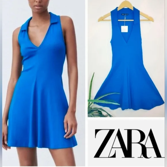 Zara cobalt blue collared V-neck ribbed sleeveless fit and flare mini dress - Picture 1 of 8